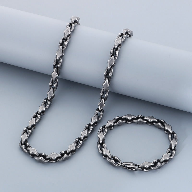 Kemstone Steel Link Jewelry Set – Men’s Hip-Hop Chain Necklace & Bracelet with Geometric Links