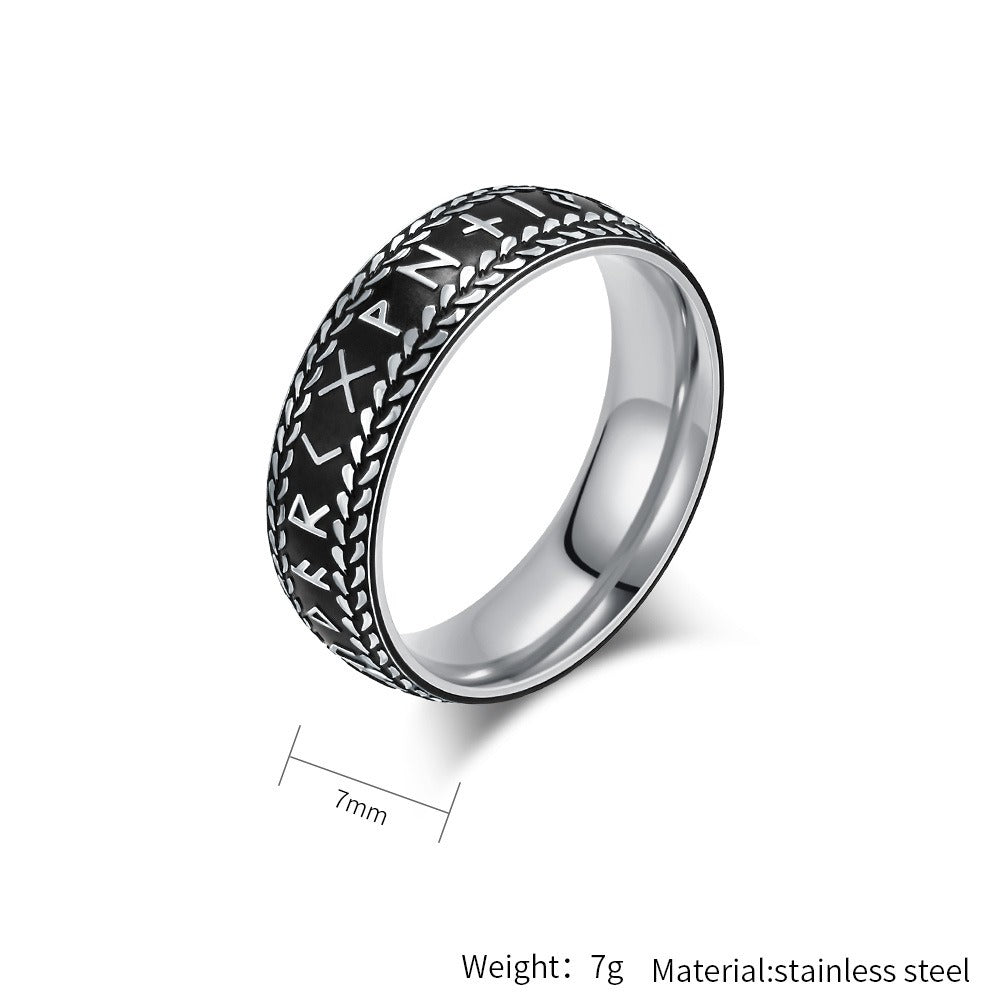 Kemstone Titanium Steel Viking Rune Ring for Men, Vintage Norse Band, Gold/Silver K-R980