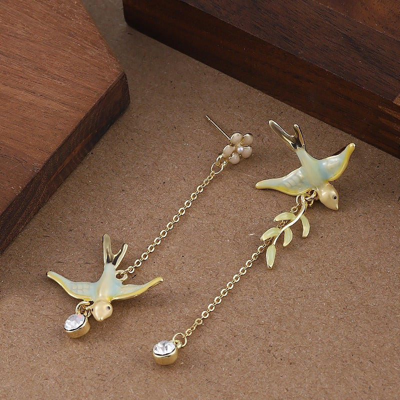 Kemstone Asymmetrical Swallow Drop Earrings for Women Floral Tassel D84993