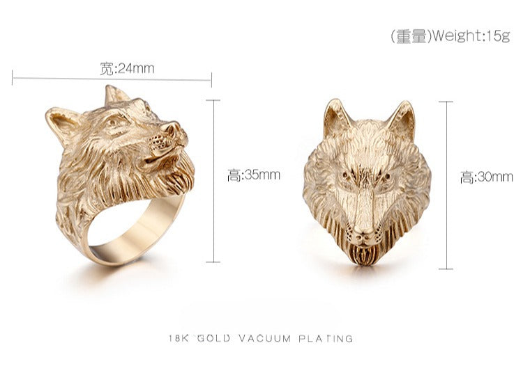 Kemstone Wolf Head Ring for Men – 18K Gold Plated Stainless Steel Gothic Norse Power KR48276-K