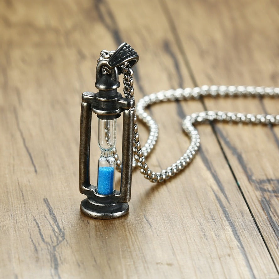 Kemstone Stainless Steel Hourglass Pendant Necklace for Men Vintage Silver PN1097