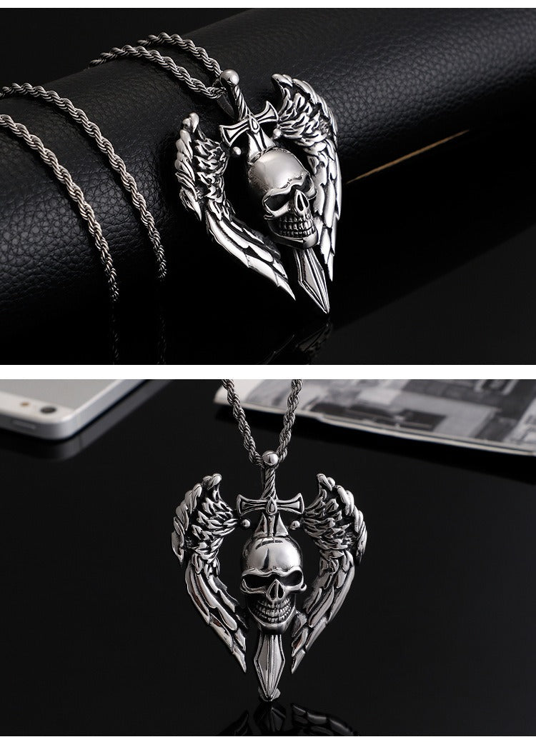 Kemstone Titanium Steel Skull Wing Sword Pendant Necklace for Men KP80019-BD