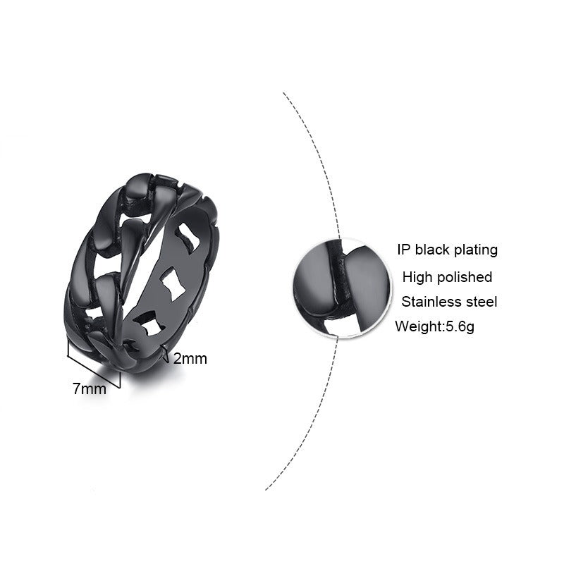 Kemstone Men’s Cuban Chain Titanium Steel Ring – Vintage Biker Link Band R-495