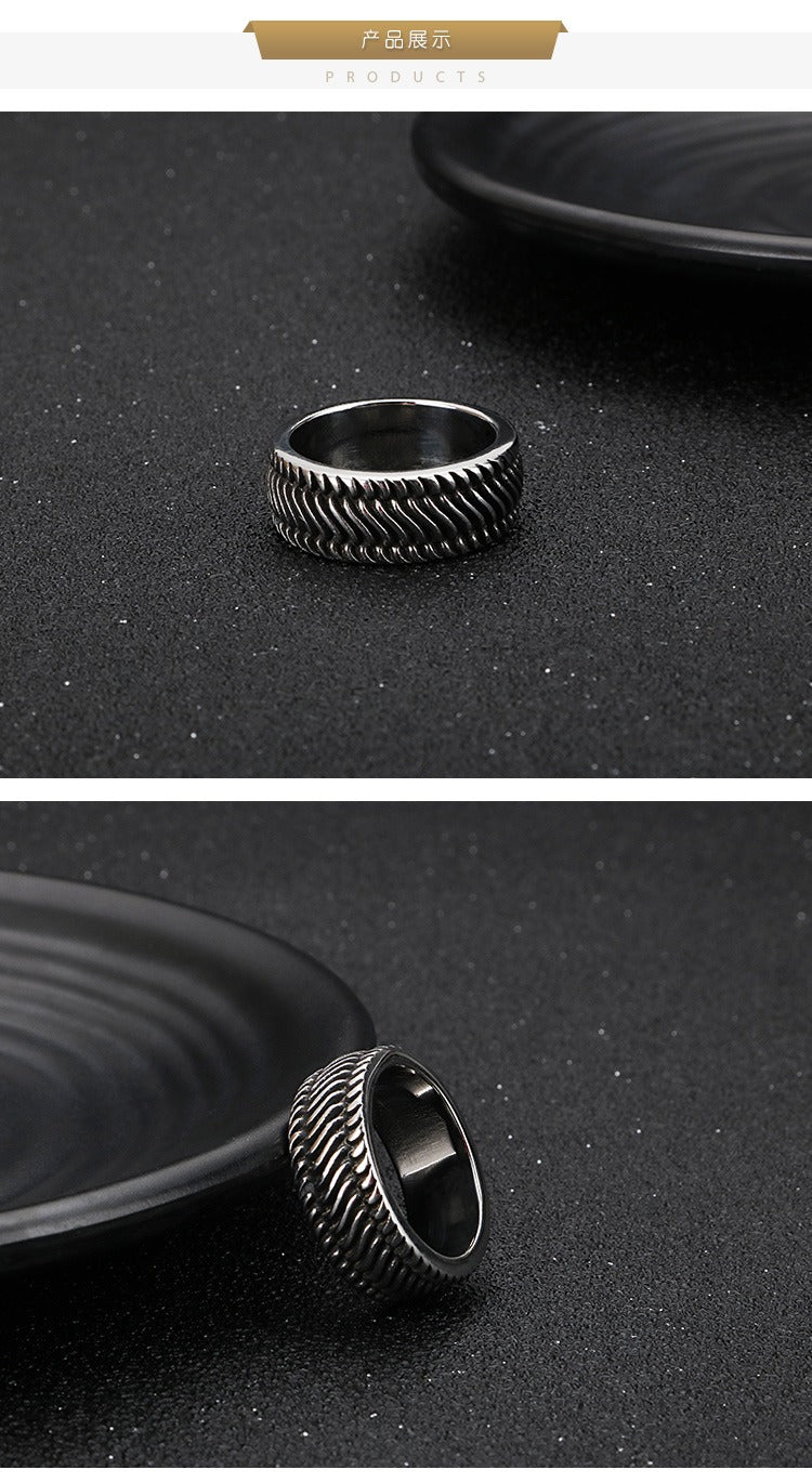 Kemstone Motorcycle Tread Ring – Dual-Tone Titanium Steel Biker Jewelry for Men KR53966-K