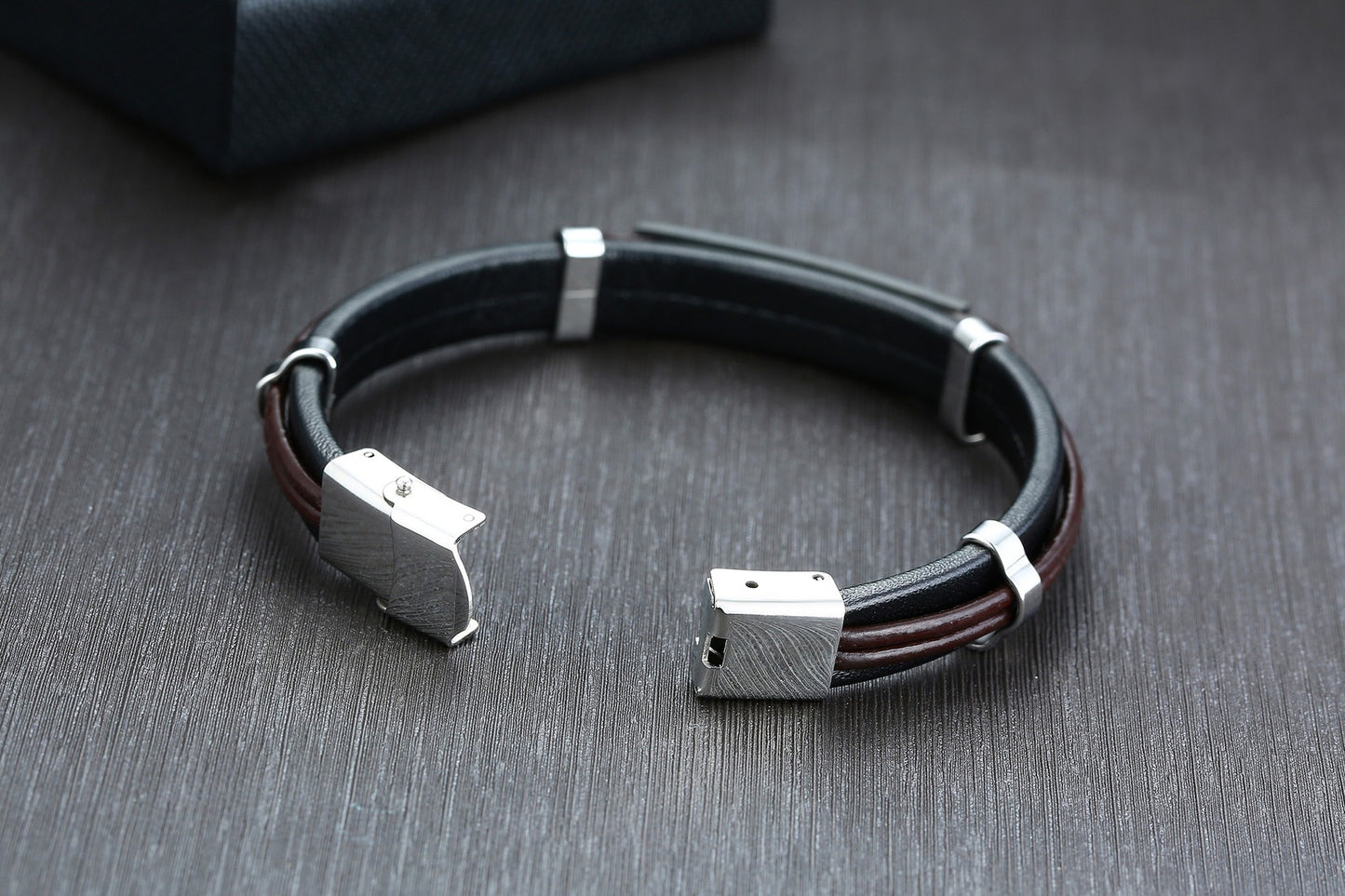 Men's Black Leather Bracelet with Matte Stainless Steel Plate – Gothic Street Power Style BL-344