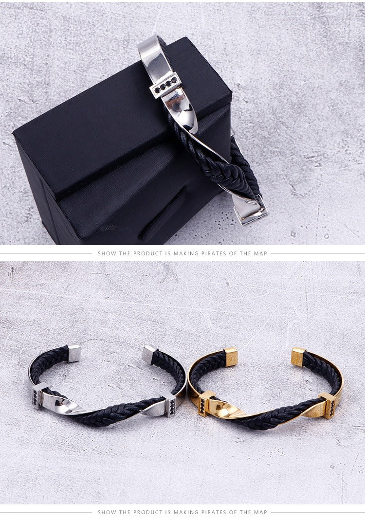 Kemstone Men’s Open Cuff Leather Bracelet – Braided Leather & Stainless Steel with Black Zircon | KB117781-KFC