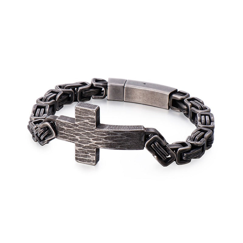 Kemstone Cross Pendant Retro Bracelet – Titanium Steel Cuff with Imperial Chain Design for Men KB122384
