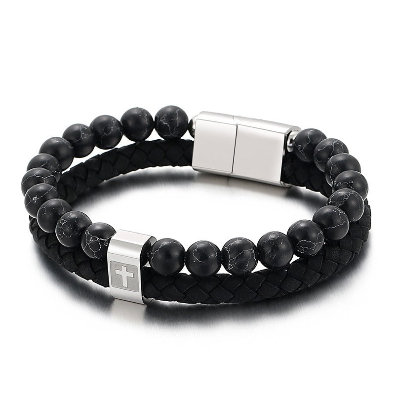 Bracciale da uomo in acciaio inossidabile Kemstone con croce in pelle e pietra turchese KB136651