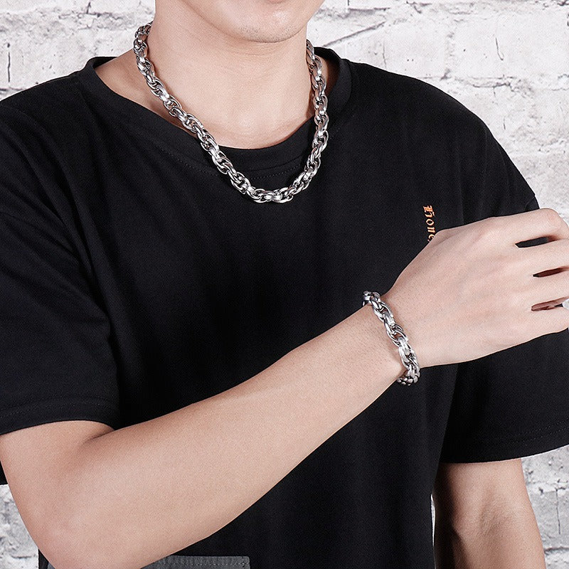 Kemstone Dual-Clasp O-Chain Set – Textured Stainless Steel Necklace & Bracelet for Men KB80794-Z