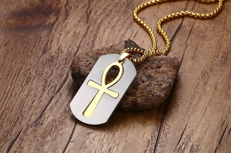 Collar con colgante de símbolo de vida Ankh de acero y titanio Kemstone - Diseño geométrico, joyería duradera para hombre PN-623