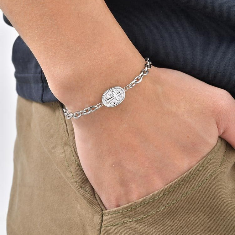 Kemstone Stainless Steel Cross Chain Bracelet for Men – Oval Plate Minimal Style Silver BR-2881