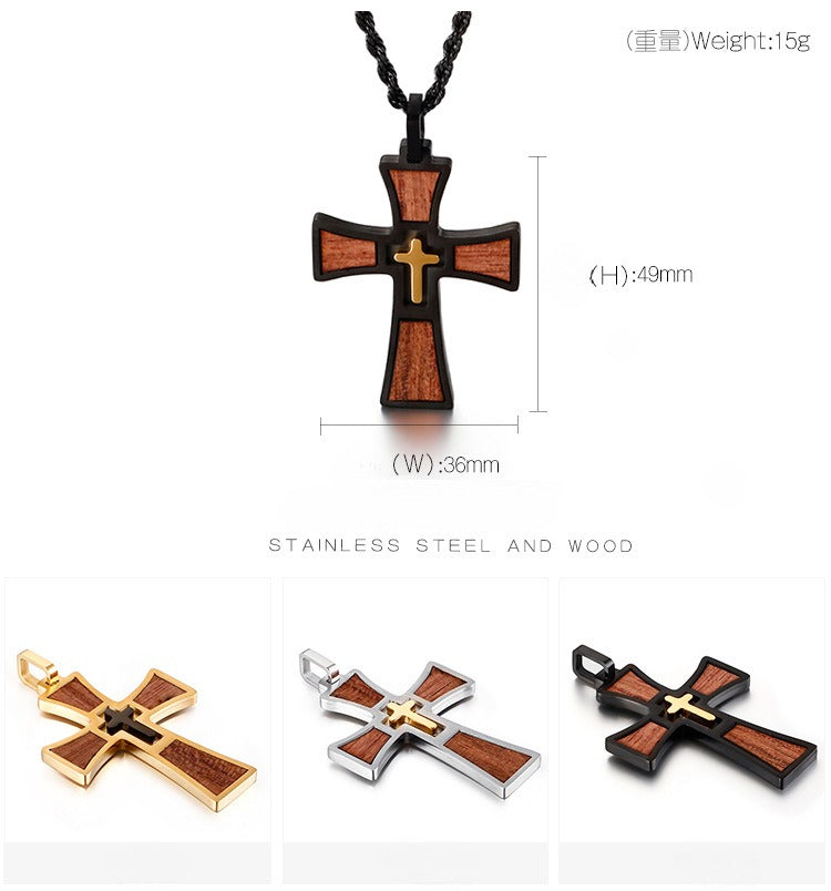 Kemstone Layered Stainless Steel & Wood Cross Pendant – Gothic Totem Necklace KP93475