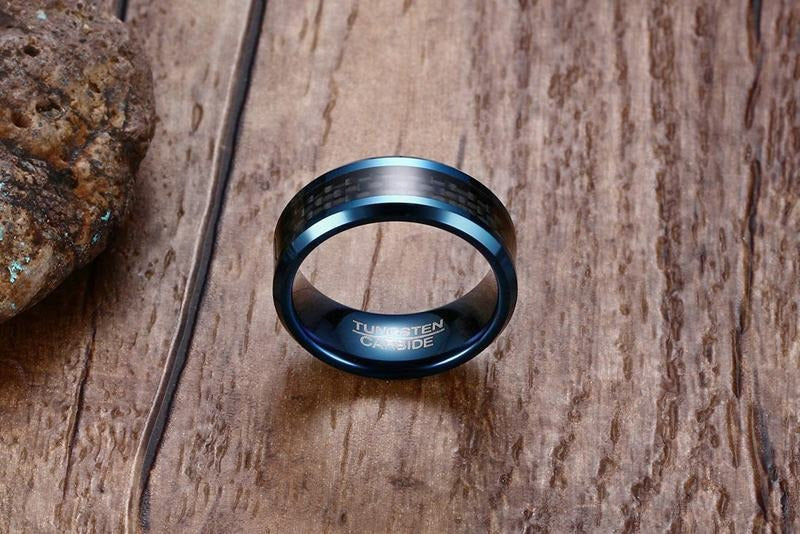Kemstone Men’s Blue Tungsten Carbide Ring – 8mm Carbon Fiber Inlay, IP Blue Plating, Gothic Viking Band TCR-068