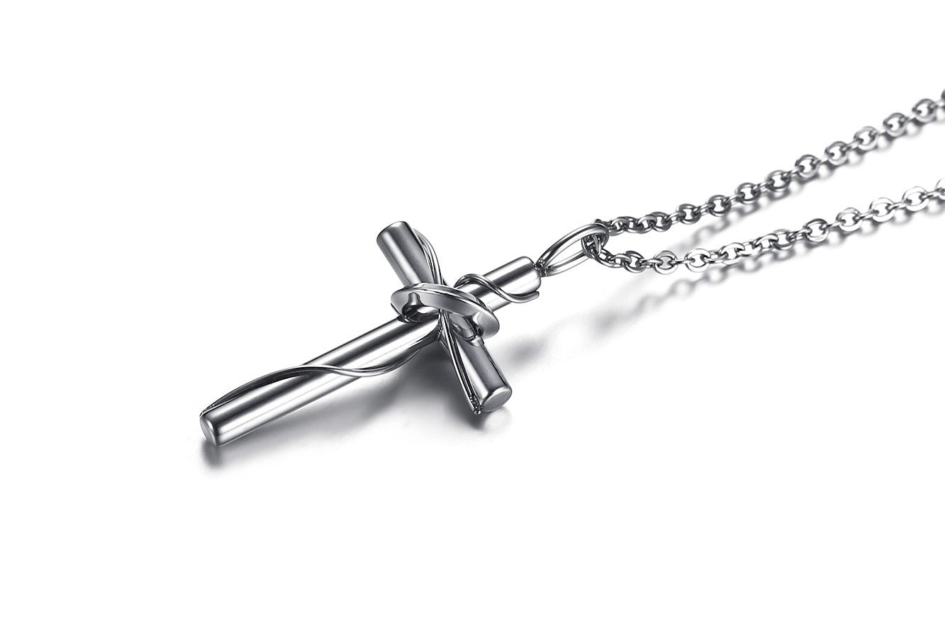 Conjunto de collar con cruz de acero inoxidable – Colgante de pareja con hoja retorcida CN-081