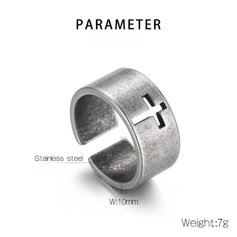 Kemstone Gothic Cross Adjustable Ring – Distressed Titanium Steel Openwork Men’s Jewelry KR104680