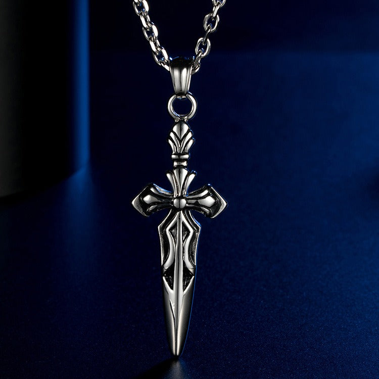 Kemstone Sword Cross Pendant Necklace for Men – Stainless Steel Silver K-PT155