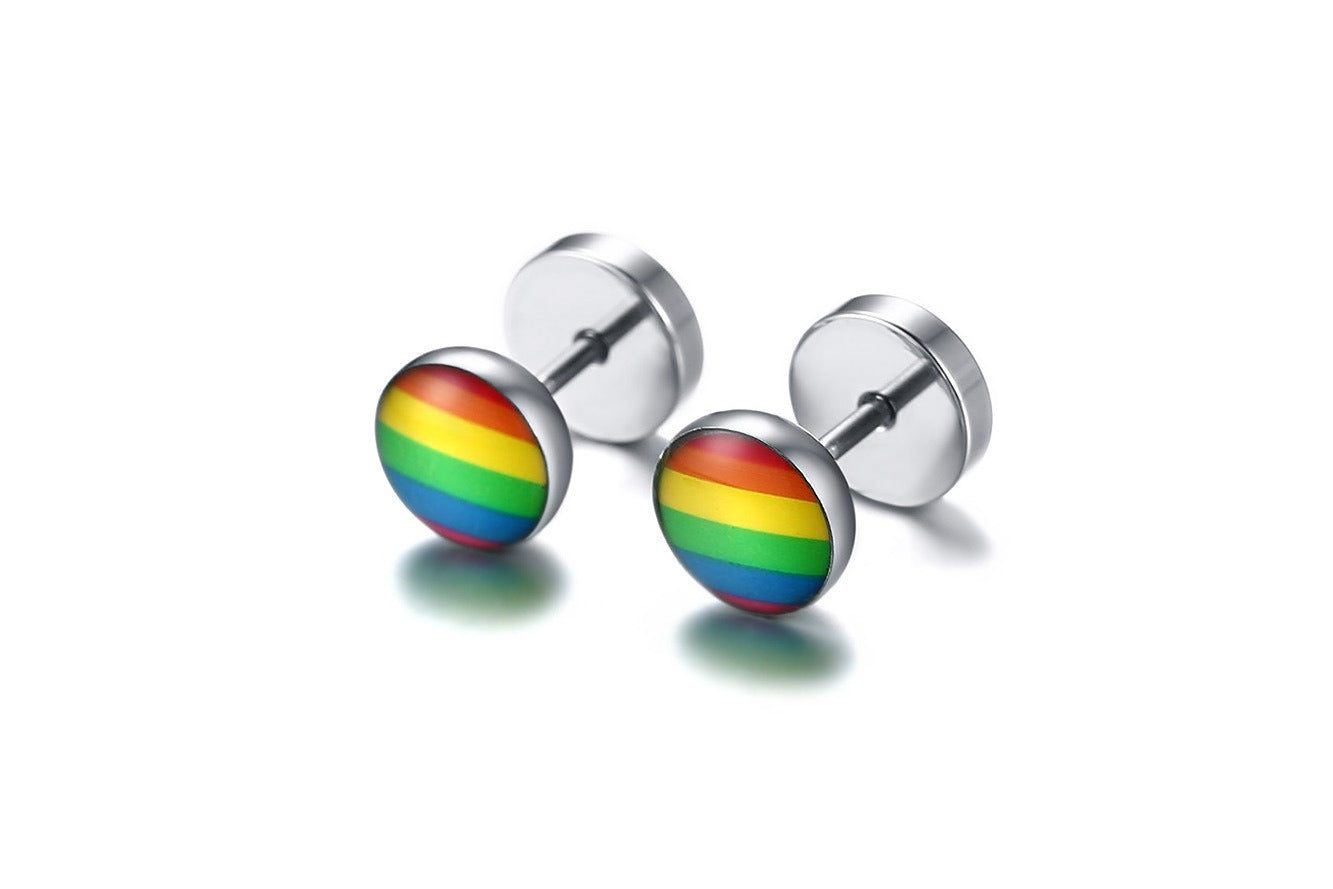 Rainbow Dumbbell Stud Earrings – Stainless Steel Pride Ear Jewelry | Street Gothic Color Edge PE-005