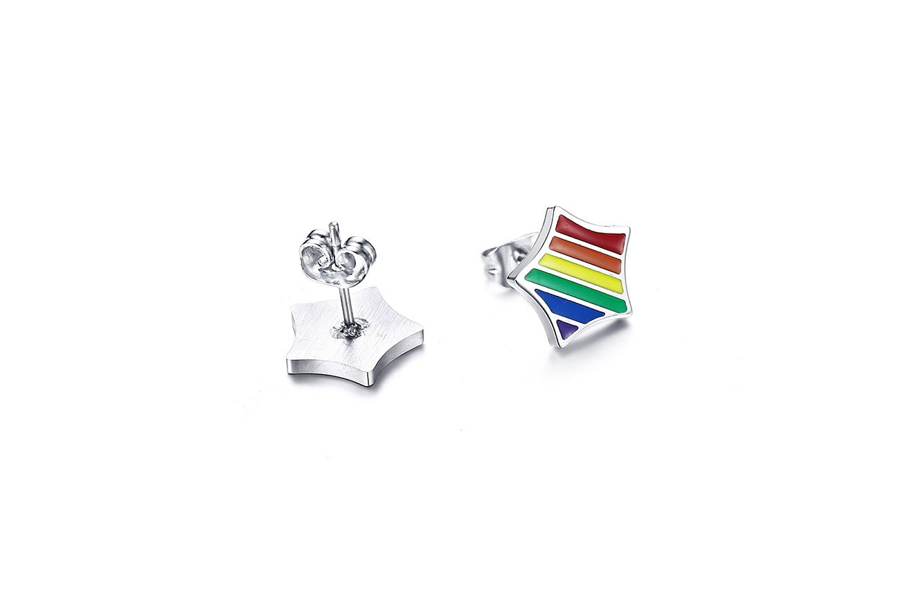 Stainless Steel Triangle Stud Earrings – Enamel Rainbow Edge for Men PE-003