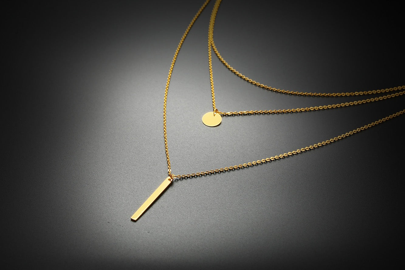 Geometric Triple Layer Necklace – Stainless Steel Bar & Circle Pendant in Gold | Gothic Minimalist Streetwear NC-428