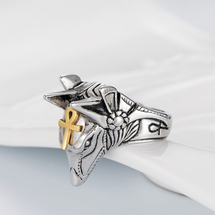 Kemstone Men’s Titanium Steel Anubis Egyptian God Ring – Silver K-R291