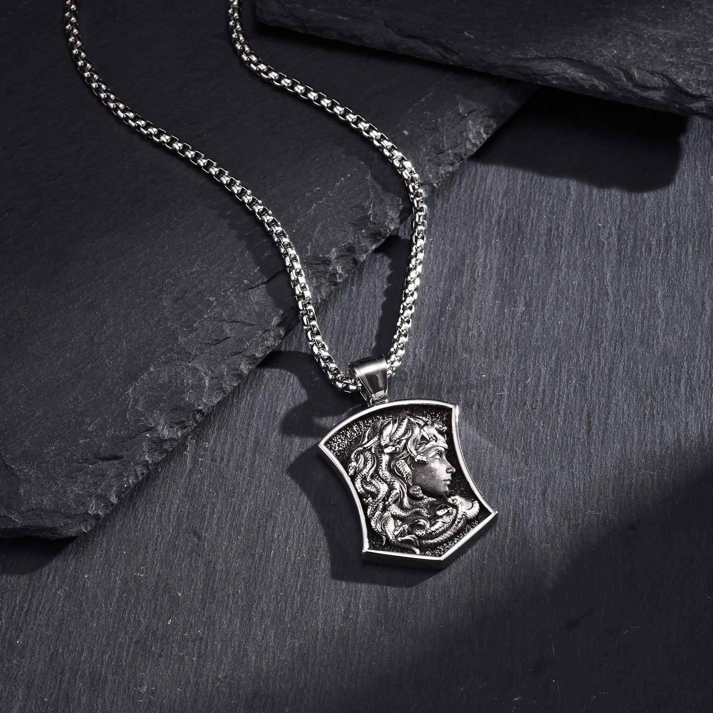 Kemstone Men’s Stainless Steel Medusa Pendant Necklace – Dark Relief Design PN-2021