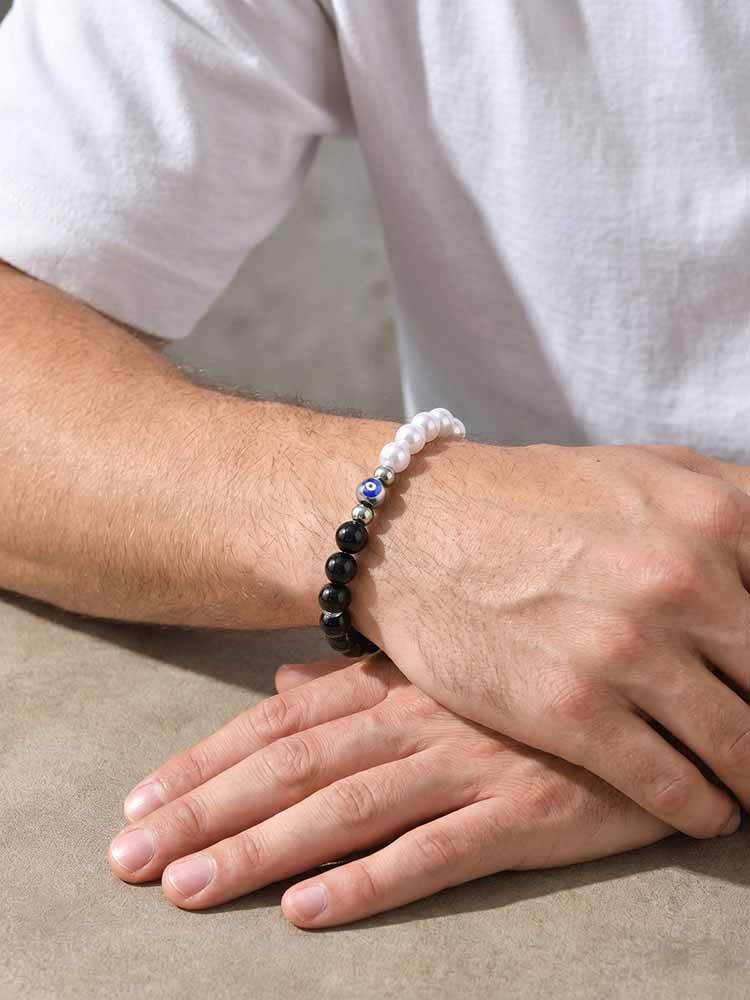 Kemstone Black Onyx Pearl Bead Bracelet for Men Stainless Steel Blue Eye Detail BR-2918