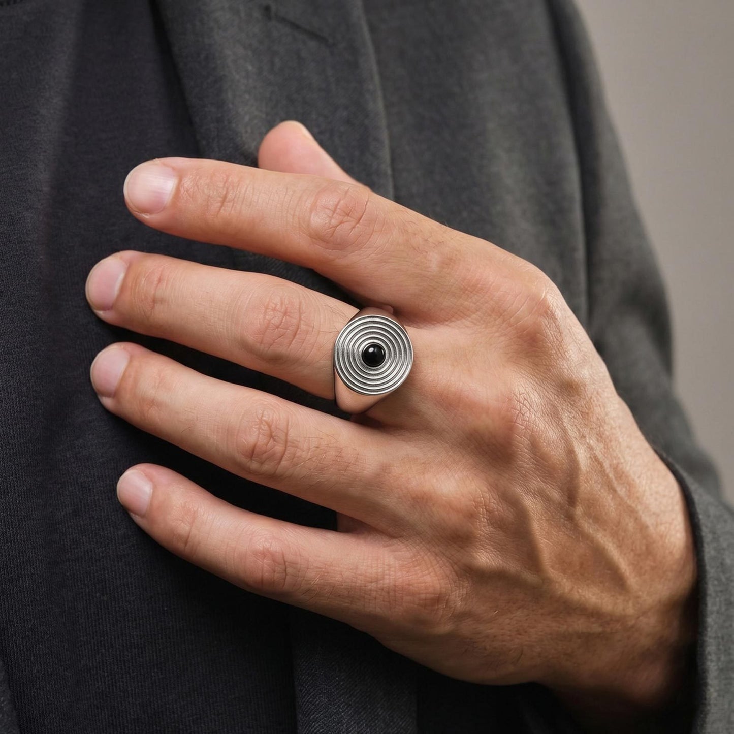 Kemstone Stainless Steel Black Stone Signet Ring for Men Concentric Pattern Vintage RC1108