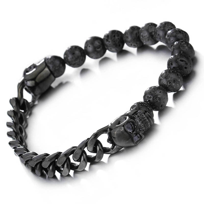 Kemstone Stainless Steel Skull & Volcanic Stone Mala Bracelet – Ethereal Energy Fusion KB66361