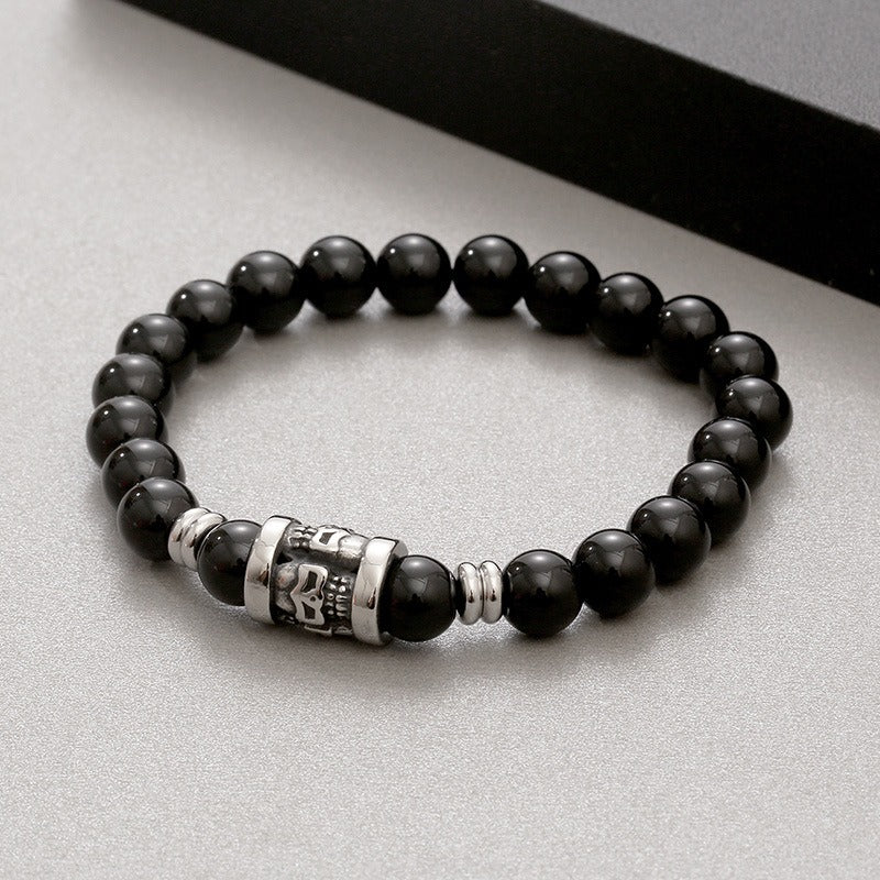 Kemstone Vintage Skull & Natural Stone Beaded Bracelet – Titanium Steel Men’s Jewelry KB183247-TLX