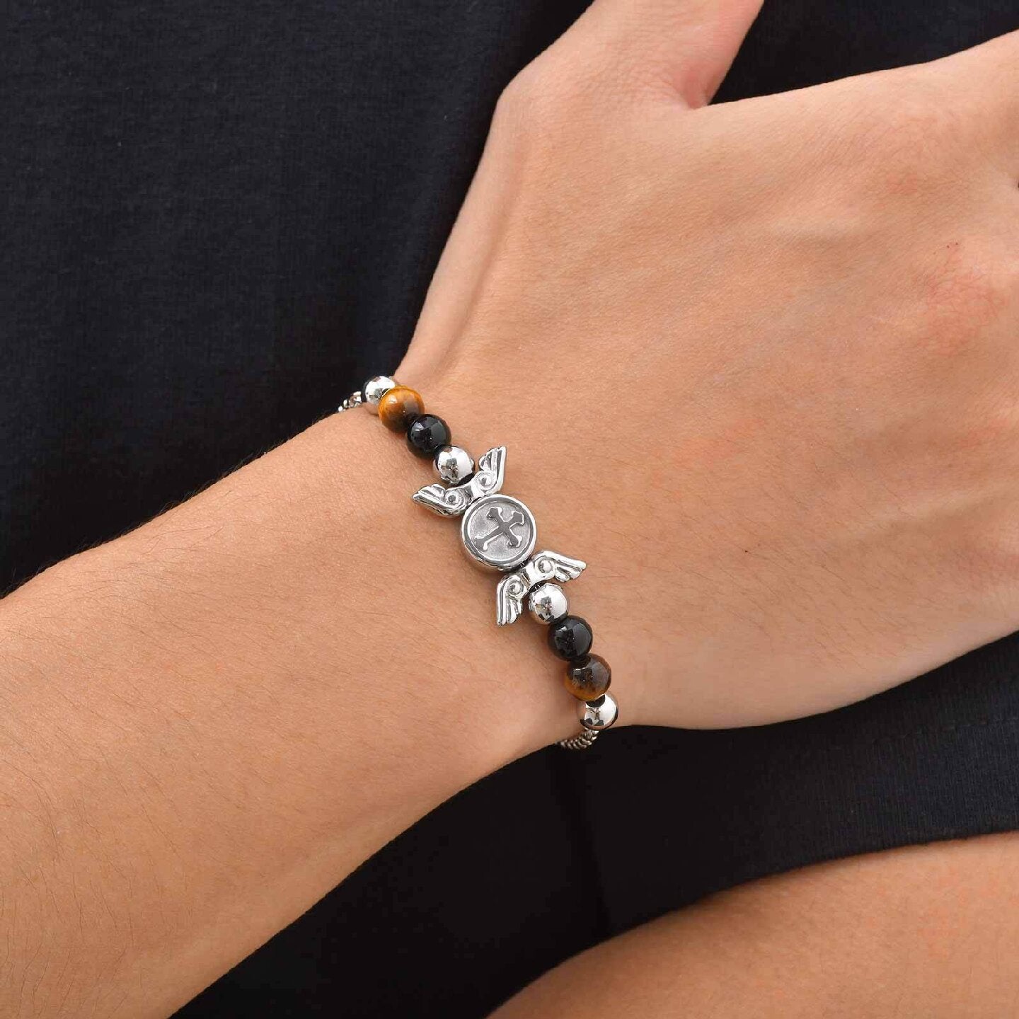 Kemstone Winged Emblem Tiger Eye Bracelet for Men Stainless Steel BR-3042
