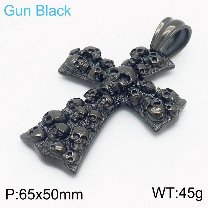 Kemstone Gothic Skull Cross Necklace – Matte Black Punk Pendant for Men KP55728-B