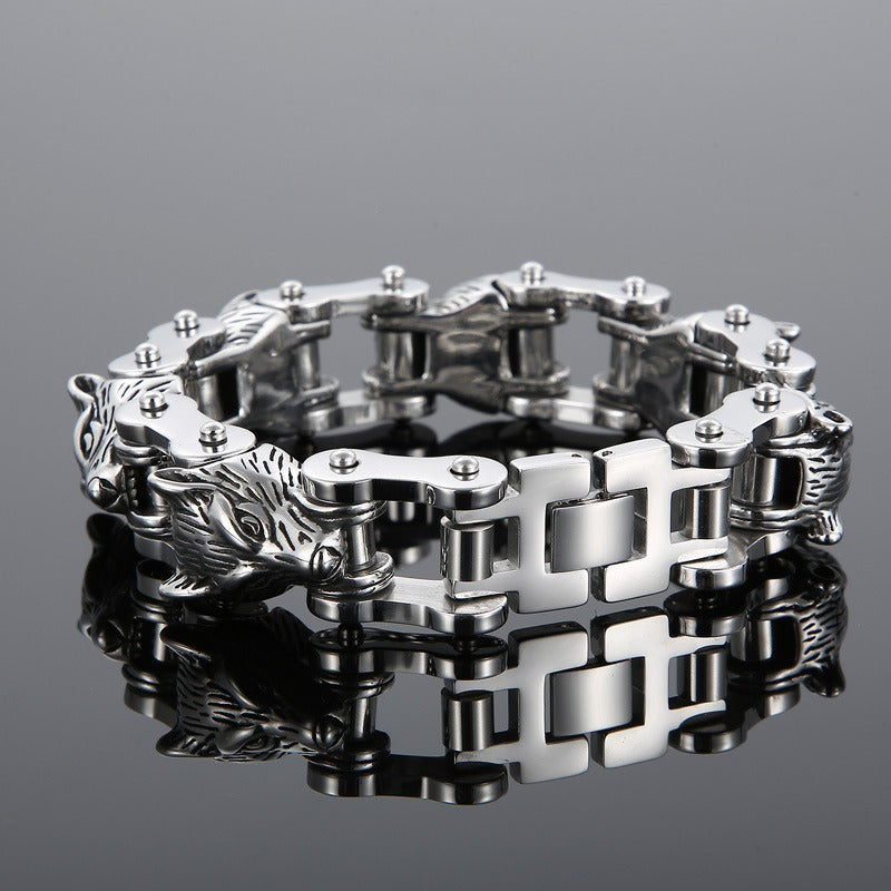 Kemstone Wolf Head Chain Bracelet – Titanium Steel Motorcycle-Inspired Men’s Jewelry KB152384