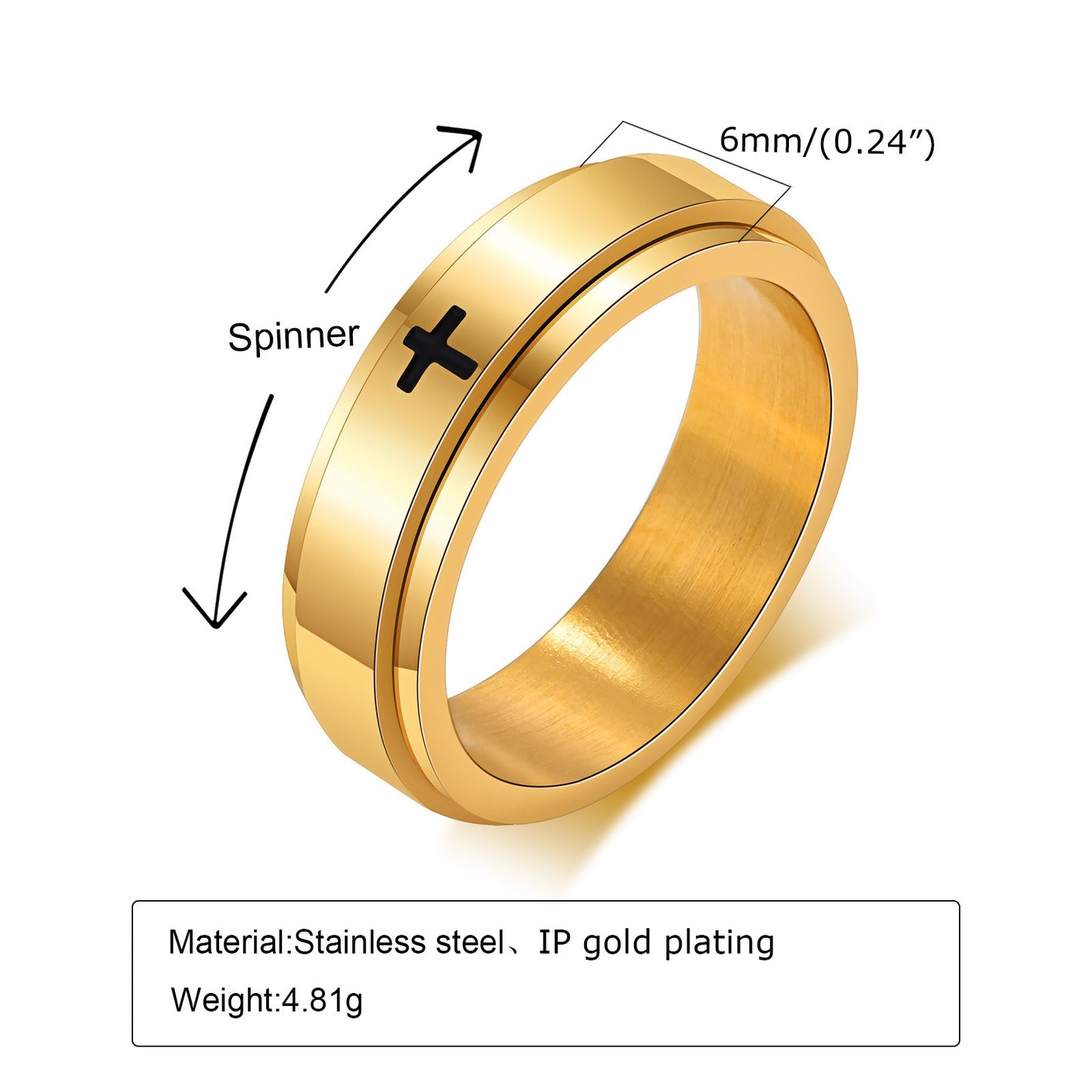 Kemstone Black Laser-Etched Cross Rotating Stainless Steel Ring – Gothic Industrial Men’s Jewelry R589