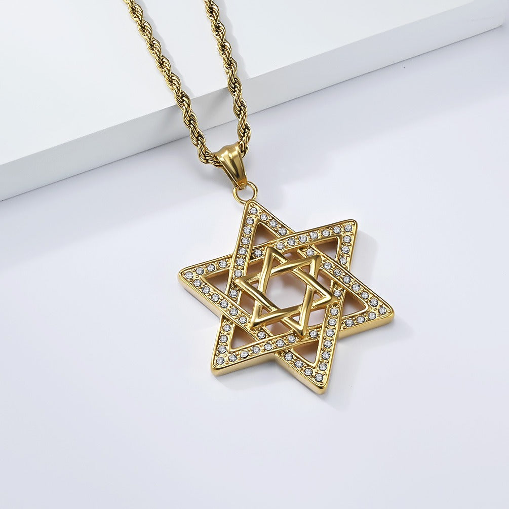 Kemstone Stainless Steel Six-Point Star Pendant Necklace – Rhinestone Hip Hop Style K-PT685