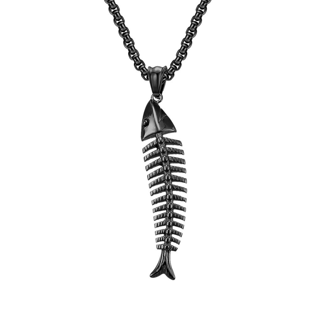 Kemstone Stainless Steel Fishbone Pendant Necklace for Men – Silver, Gold, Black K-PT434