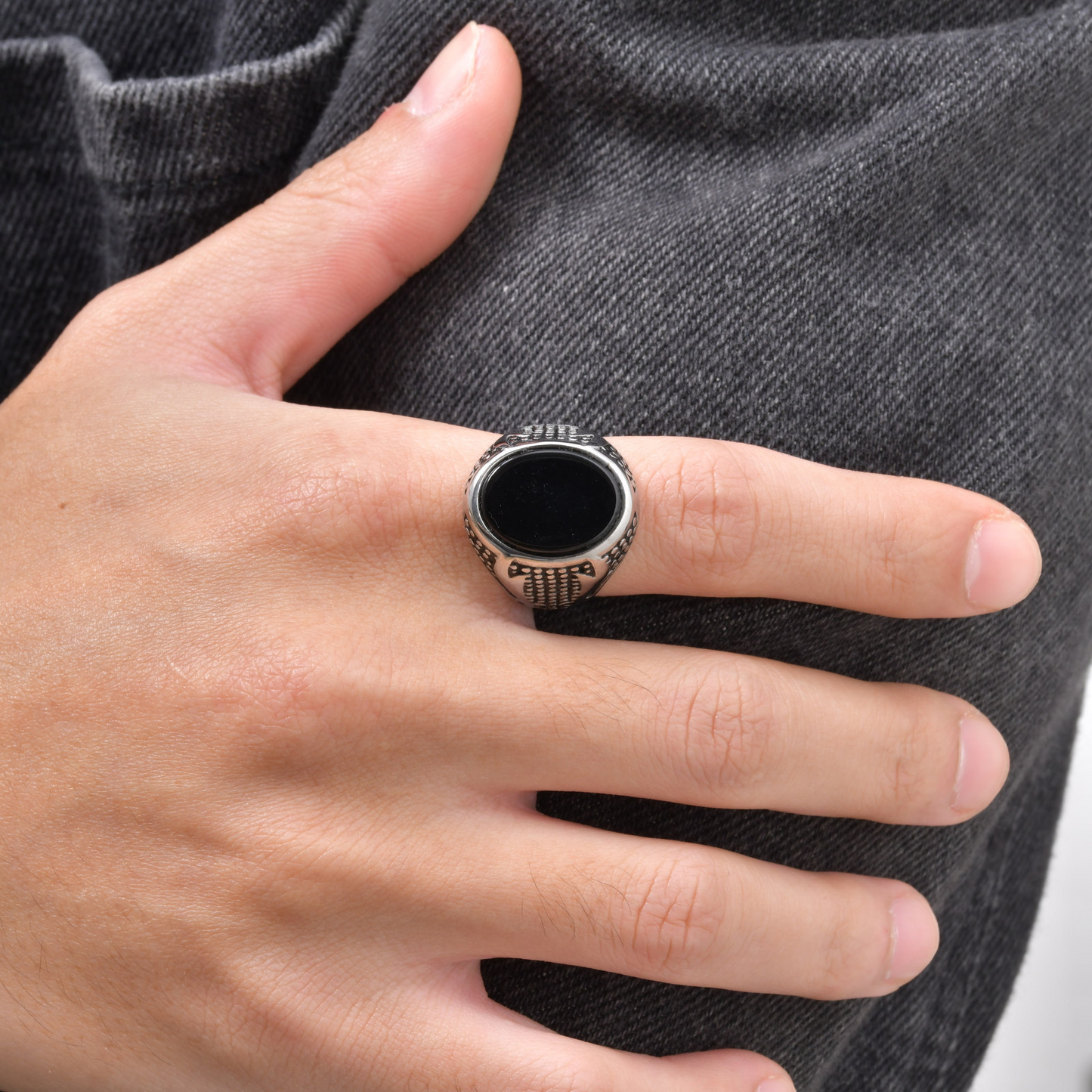 Kemstone Double Sword Black Stone Signet Ring for Men – Stainless Steel Vintage Relief RC-1028