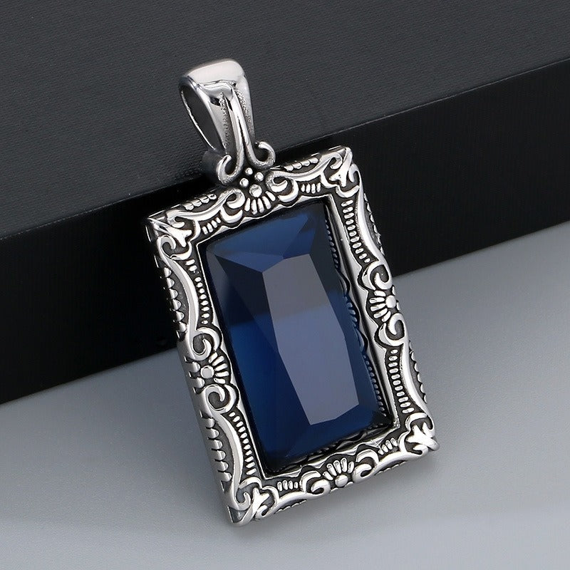 Kemstone Vintage Square Pendant – Titanium Steel Necklace with Scrollwork & Blue-Black Stone | Gothic Street Style for Men KP130520-TGX