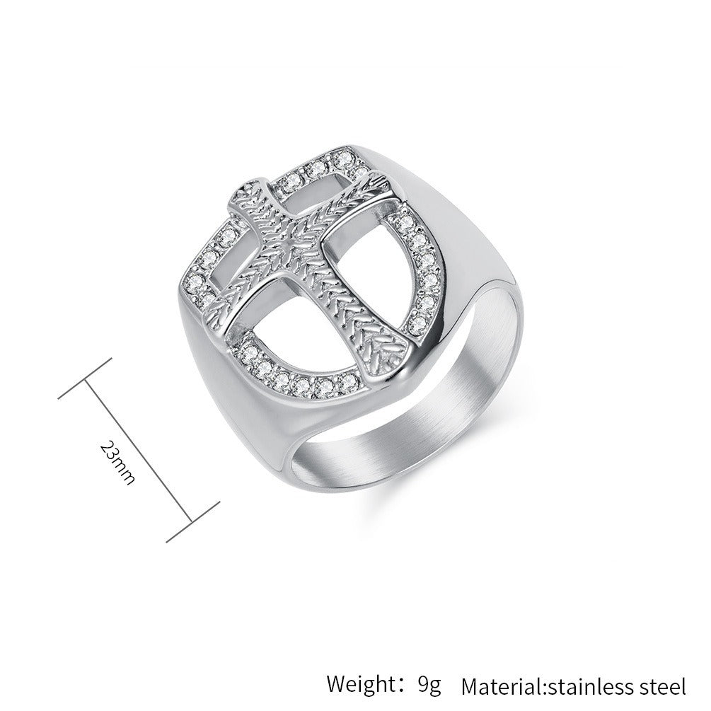 Kemstone Stainless Steel Shield Cross Ring for Men – Silver, Gold, Black K-R1010
