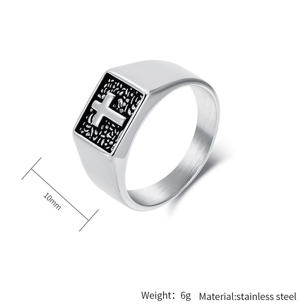 Kemstone Men’s Titanium Steel Cross Signet Ring – Silver, Gold, Black K-R1047