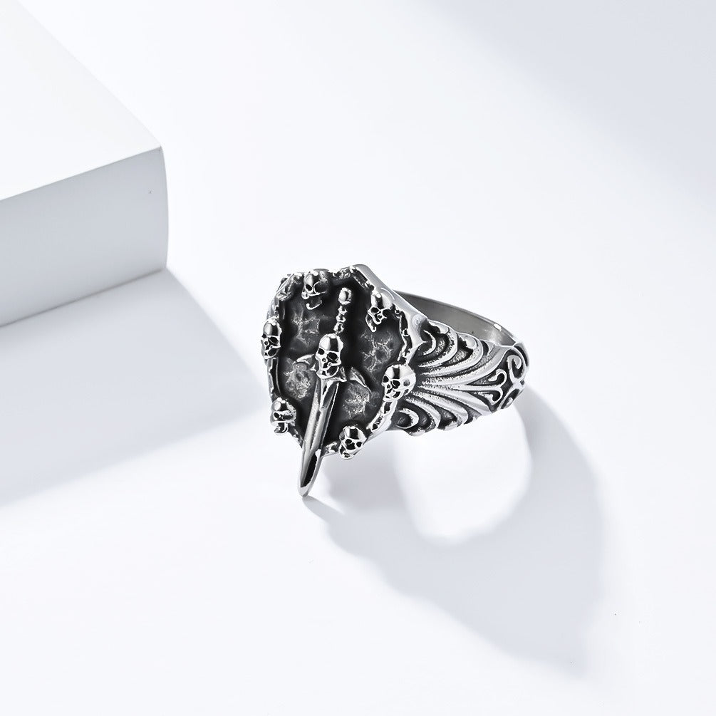 Kemstone Titanium Steel Skull Sword Ring – Gothic Vintage Band K-R830