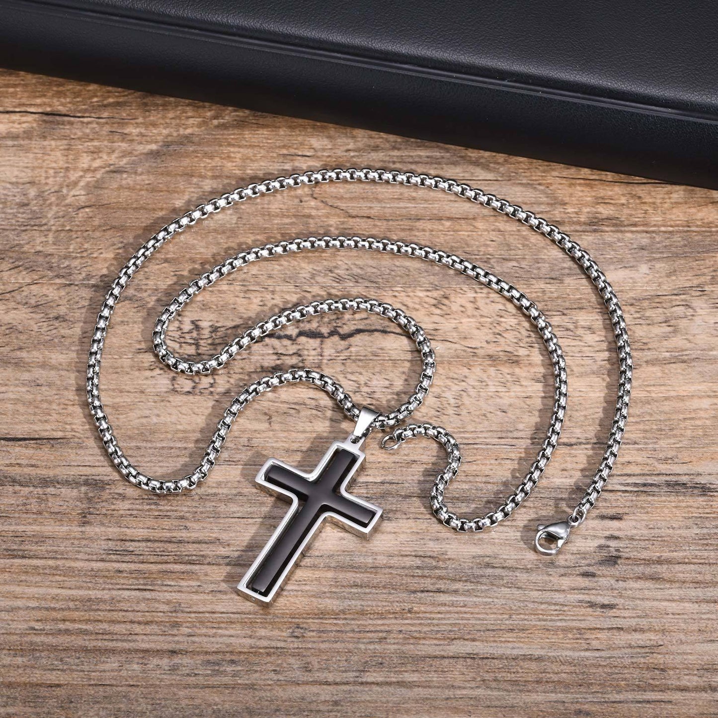 Men’s Rotating Cross Pendant Necklace – Gothic Dual-Layer Stainless Steel Chain PN-1998