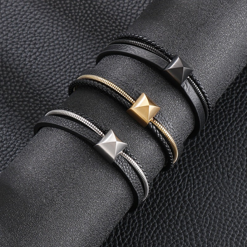 Kemstone Men’s Titanium Steel Leather Bracelet – Gold Snake Chain Wristband KB147381
