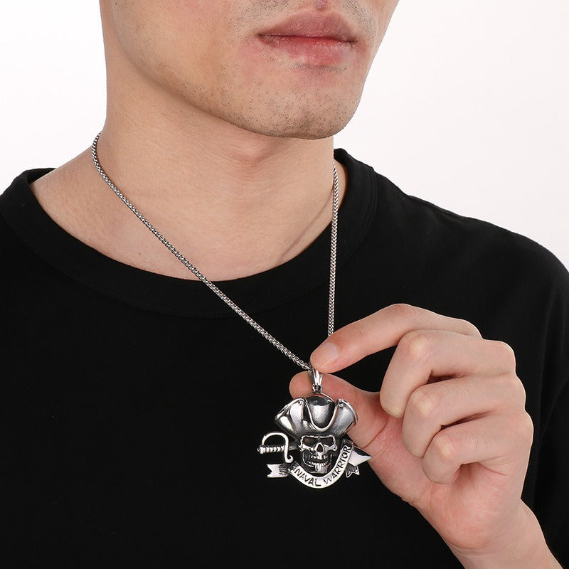 Kemstone Pirate Skull Pendant for Men – Punk Rock Sparrow & Anchor Necklace in Vintage Stainless Steel KP79431-BD