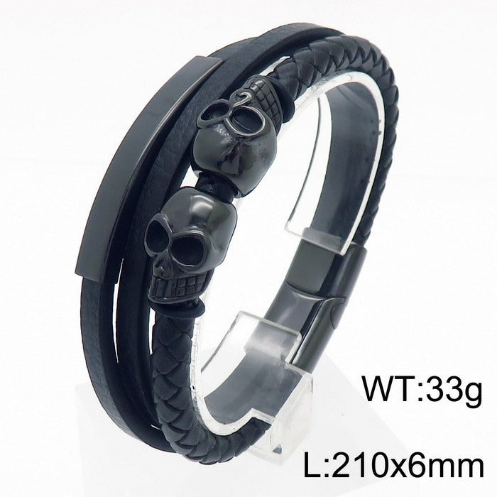 Kemstone Men’s Skull Leather Bracelet – Stainless Steel Punk Biker Jewelry KB180009