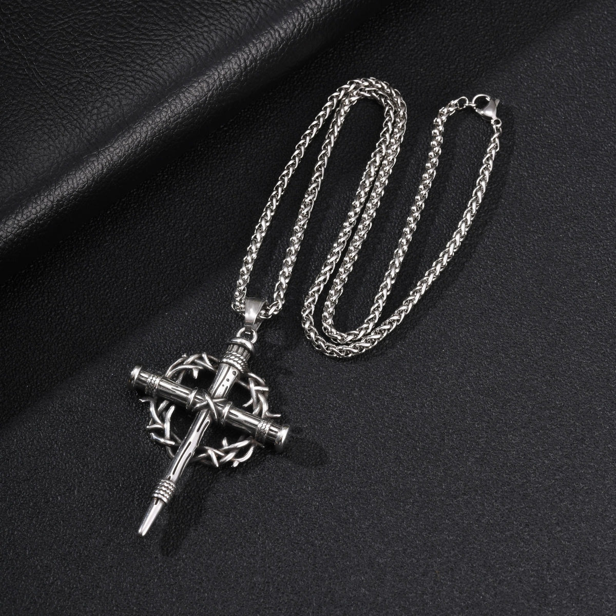 Kemston Thorn-Wrapped Gothic Cross Necklace for Men Stainless Steel Vintage Silver PN-2463S