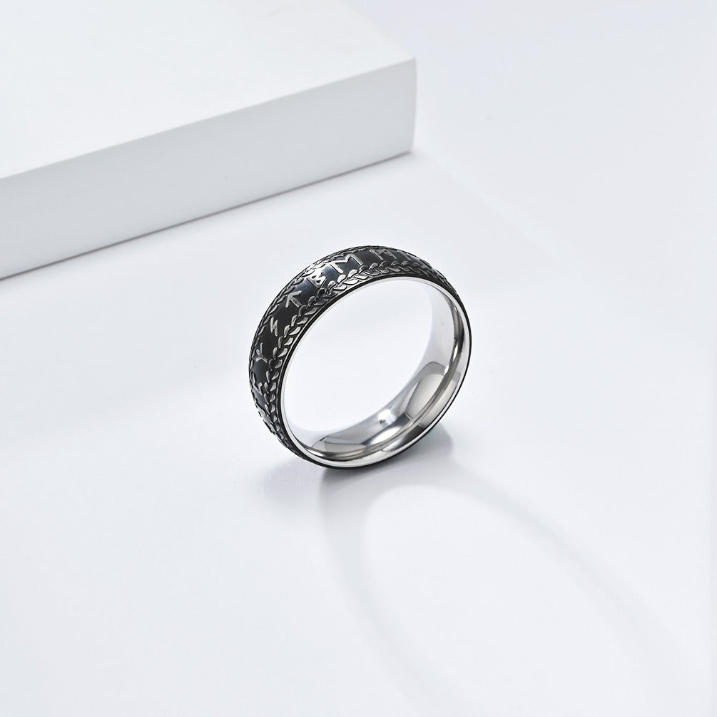 Kemstone Titanium Steel Viking Rune Ring for Men, Vintage Norse Band, Gold/Silver K-R980
