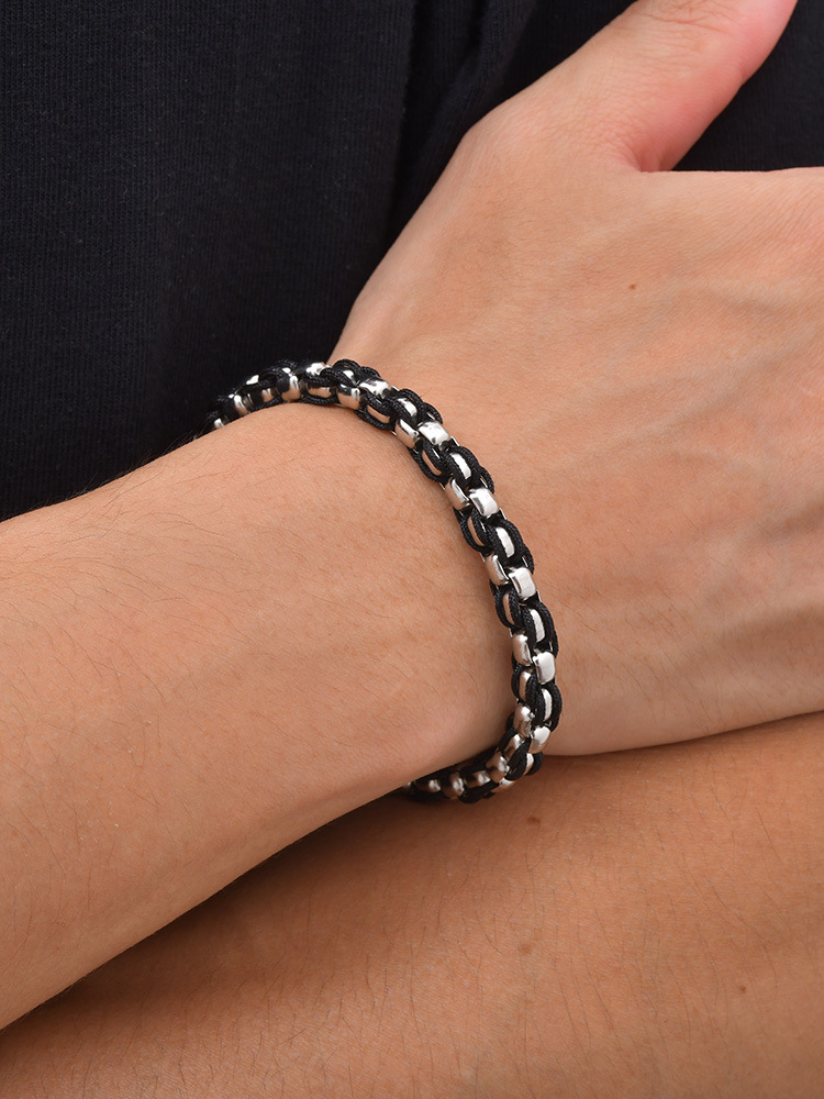 Kemstone Stainless Steel Braided Bracelet for Men Black Woven Chain Silver BR-3100