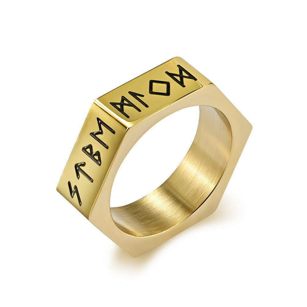 Kemstone Titanium Steel Rune Ring – Nordic Viking Hex Nut Design K-R703