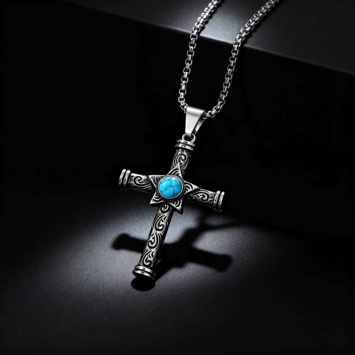 Kemstone Stainless Steel Cross Pendant Necklace Men’s Turquoise Star PN-2235