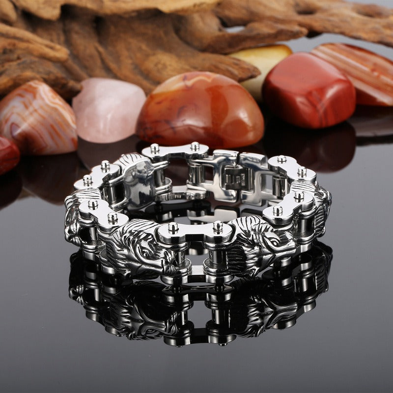 Kemstone Bold Lion Head Titanium Steel Motorcycle Chain Bracelet for Men KB153352